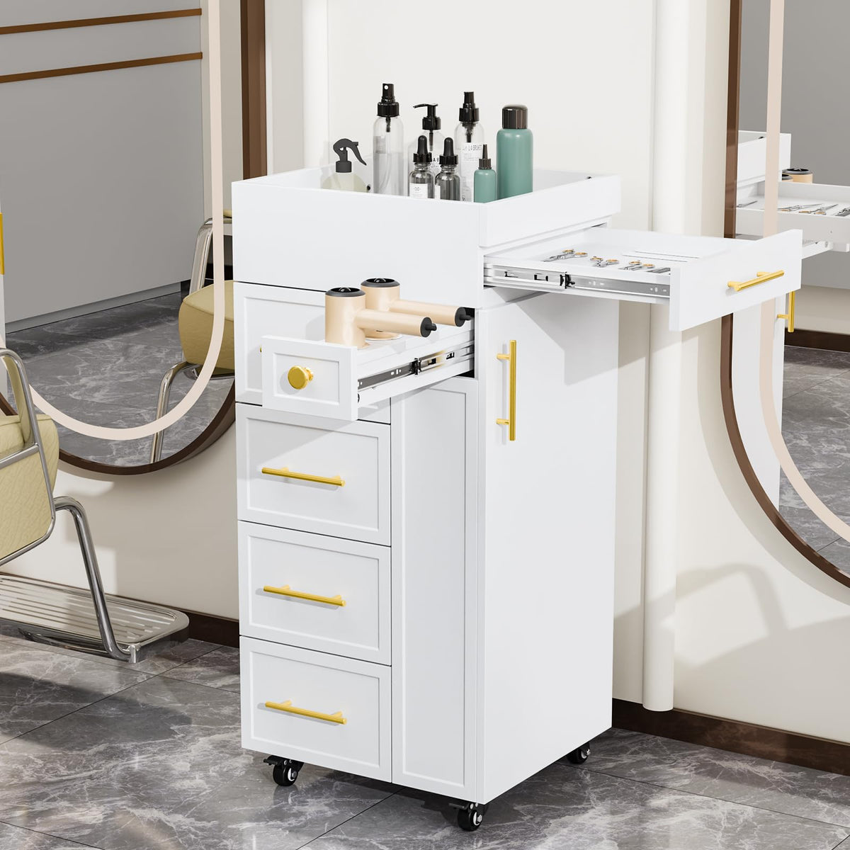 OmySalon SCFD Wooden Mobile Salon Trolley Cart w/Wheels & 5 Drawers 1 Cabinet 3 Tool Holders