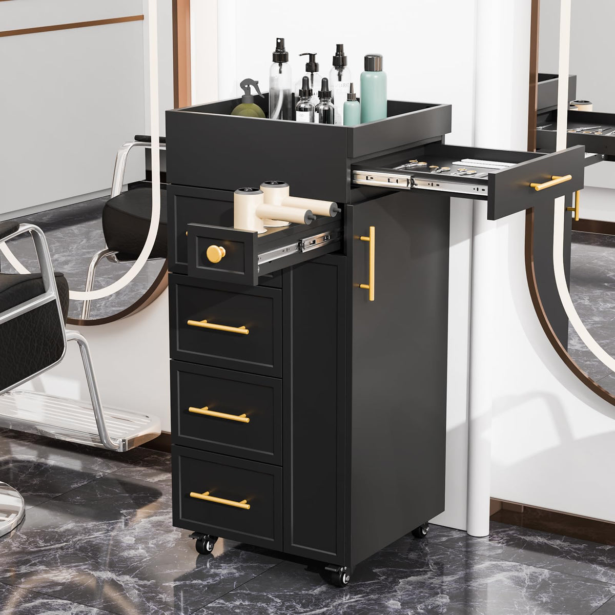 OmySalon SCFD Wooden Mobile Salon Trolley Cart w/Wheels & 5 Drawers 1 Cabinet 3 Tool Holders