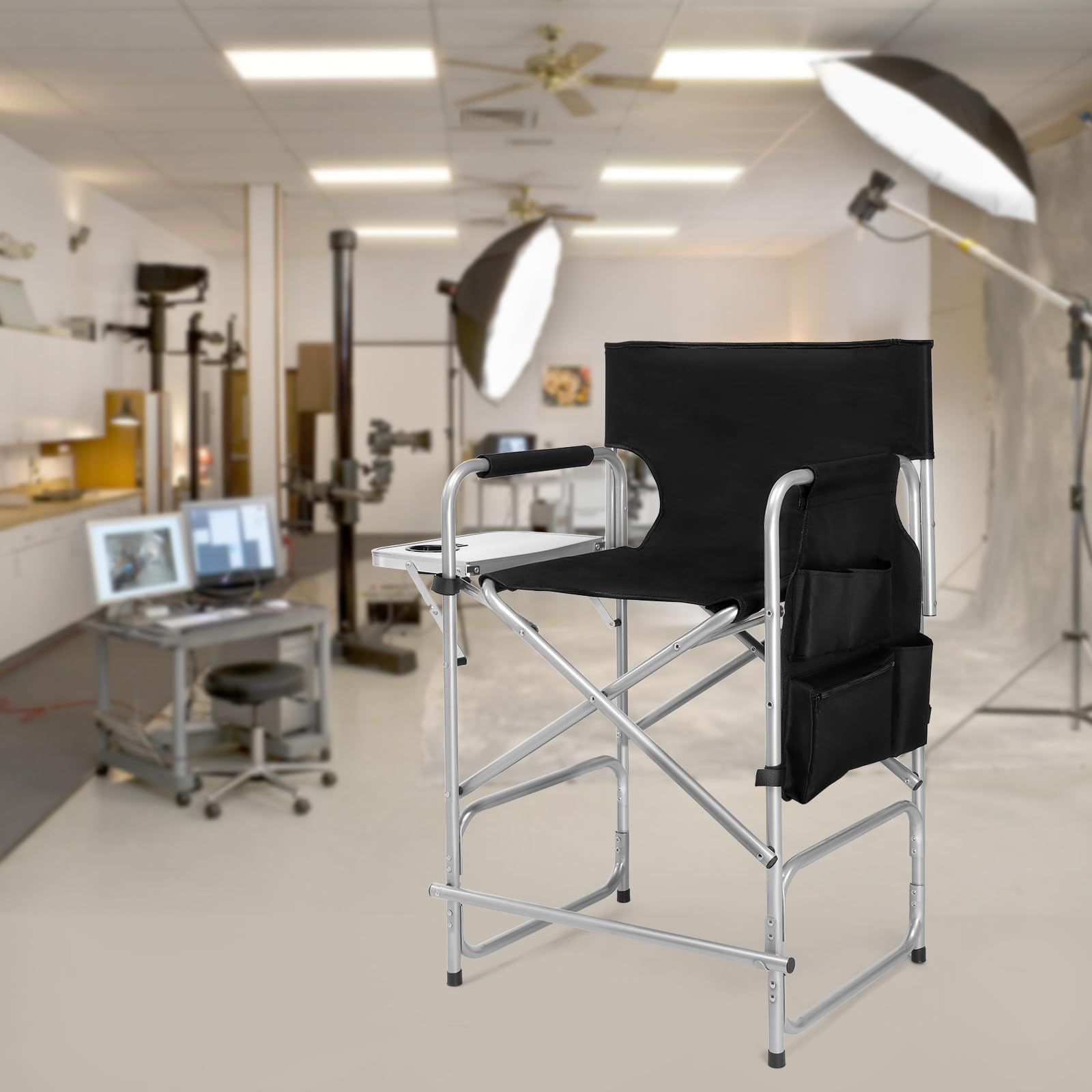 OmySalon 26in Directors Chair Folding Makeup Artist Chair with Side Table Black