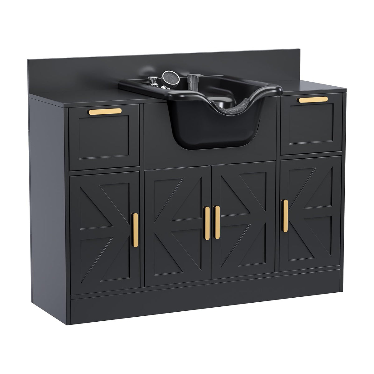 Omysalon SCWSB Freestanding Salon Wet Cabinet Station with Storage Drawers, Shampoo Bowl & Geometric Finish