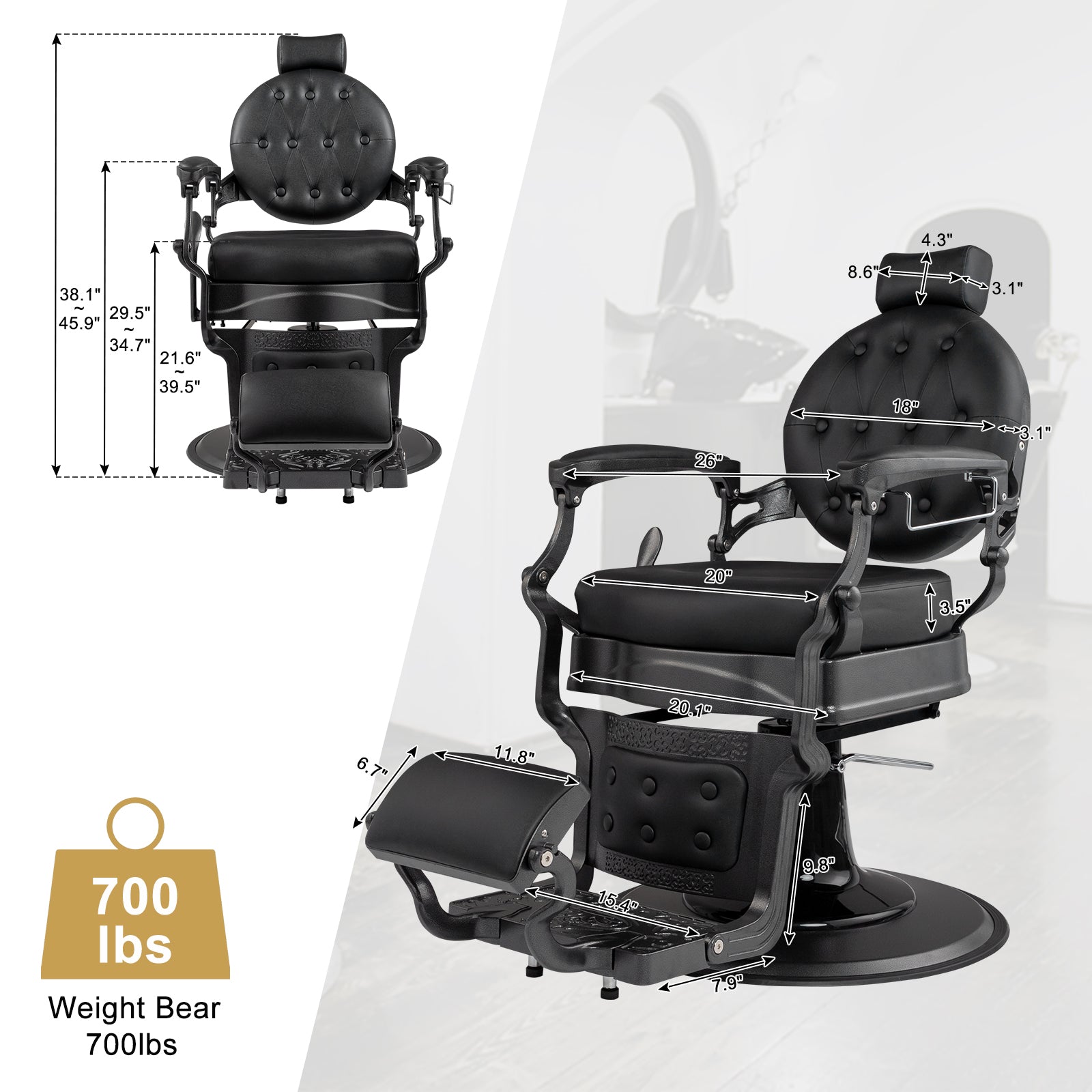OmySalon Vintage Barber Chair Heavy Duty Hydraulic Recline Salon Chair Black/Golden