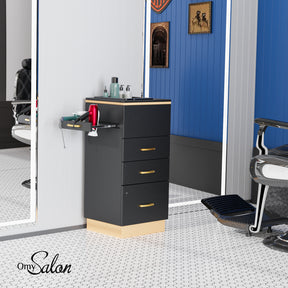 OmySalon Barber Salon Storage Station with 3 Drawers 1 Storage Basin 3 Hair Dryer Holders Black/White