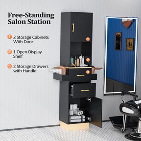 OmySalon Barber Storage Station Salon Cabinet with 2 Drawers 2 Storage Cabinet 6 Hair Dryer Holders Black/White