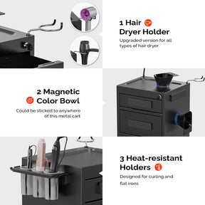 OmySalon ST1901 Metal Rolling Salon Trolley Cart w/2 Lockable Drawers 2 Magnetic Bowls 2 Storage Baskets
