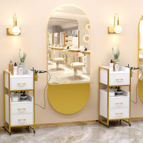OmySalon WSCTD Wooden Mobile Salon Trolley Cart w/Wheels & 3 Drawers 2 Open Shelves 2 Tool Holders