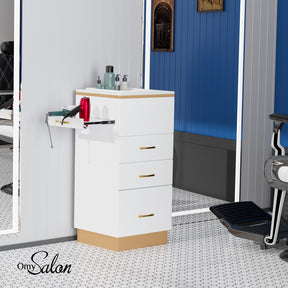 OmySalon Barber Salon Storage Station with 3 Drawers 1 Storage Basin 3 Hair Dryer Holders Black/White