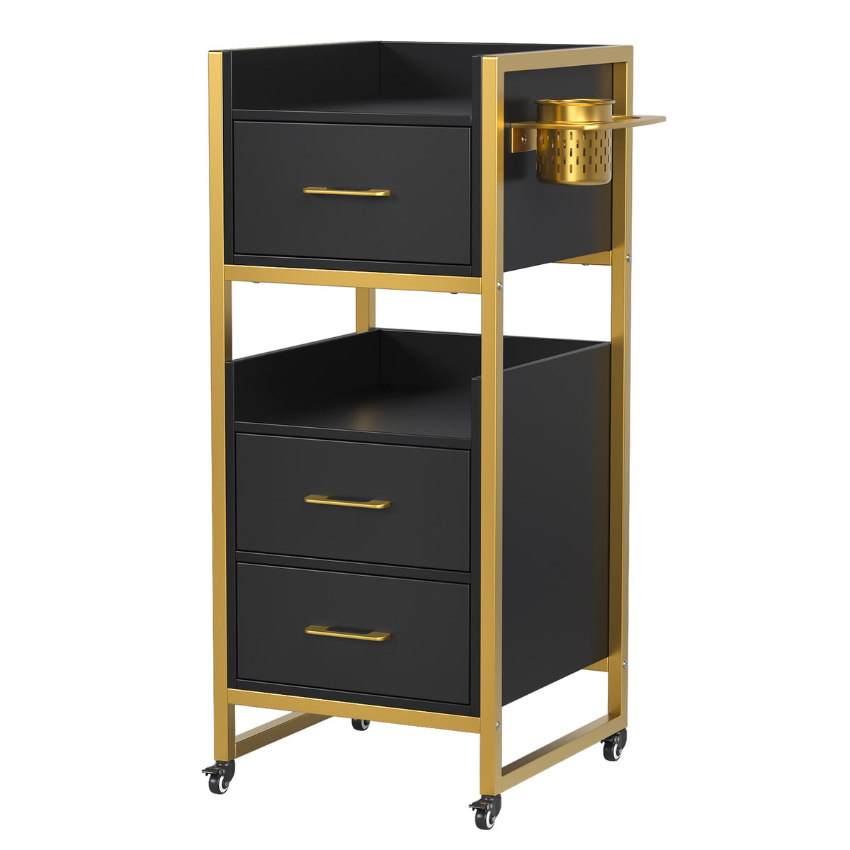 OmySalon WSCTD Wooden Mobile Salon Trolley Cart w/Wheels & 3 Drawers 2 Open Shelves 2 Tool Holders