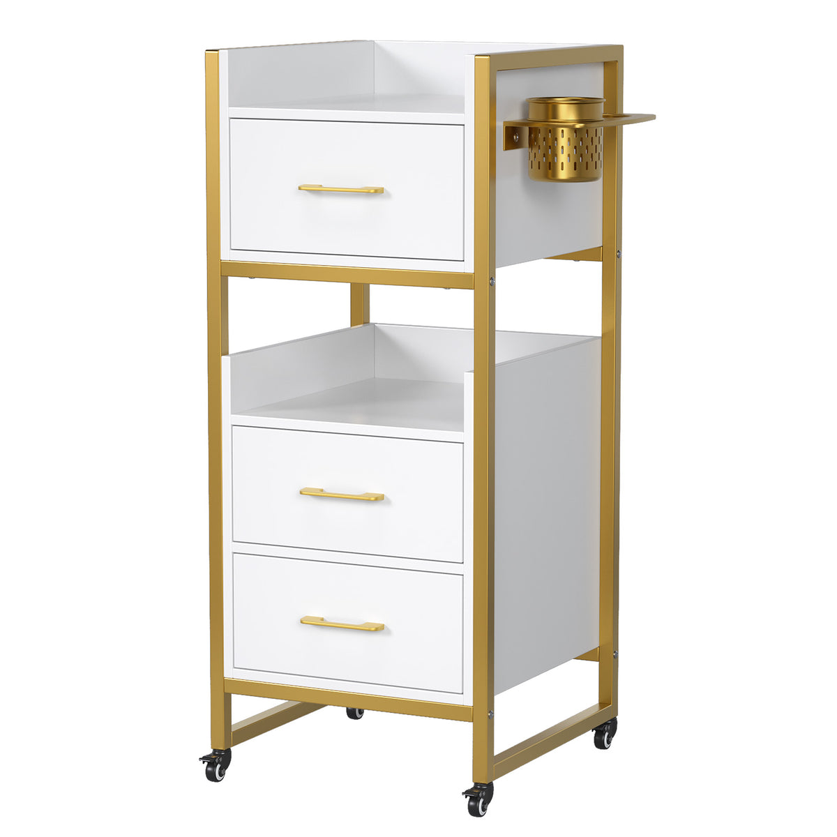 OmySalon WSCTD Wooden Mobile Salon Trolley Cart w/Wheels & 3 Drawers 2 Open Shelves 2 Tool Holders
