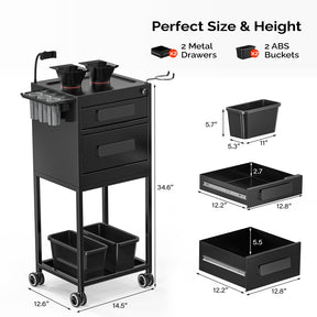 OmySalon ST1901 Metal Rolling Salon Trolley Cart w/2 Lockable Drawers 2 Magnetic Bowls 2 Storage Baskets