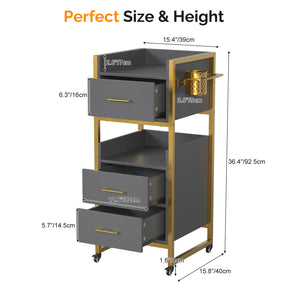 OmySalon WSCTD Wooden Mobile Salon Trolley Cart w/Wheels & 3 Drawers 2 Open Shelves 2 Tool Holders