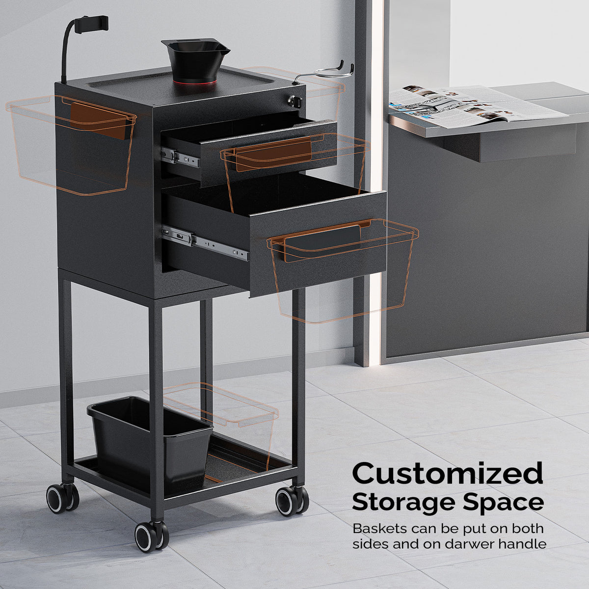 OmySalon Metal Rolling Salon Trolley Cart w/2 Lockable Drawers 2 Magnetic Bowls 2 Storage Baskets