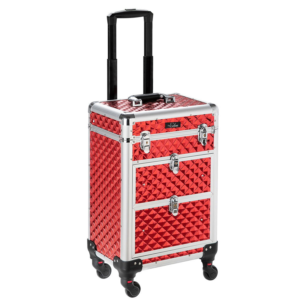 Omysalon Aluminum Train Makeup Case 360-Degree Casters & 2 Sliding Drawers with Diamond Textures Red/Black
