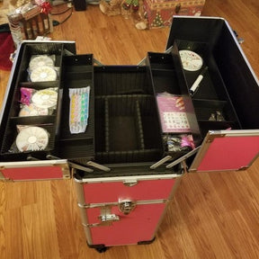 Omysalon Aluminum 2-in-1 Rolling Makeup Train Organizer Lockable Cosmetic Case Rose-Pink
