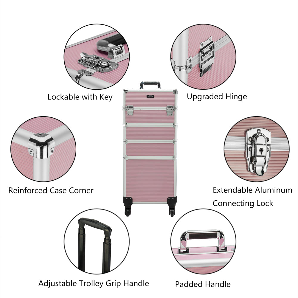 Omysalon Aluminum 4-in-1 Rolling Makeup Train Organizer Lockable Cosmetic Case Pink/Black
