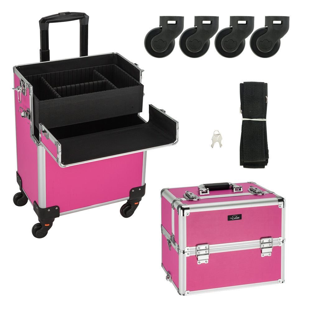 Omysalon Aluminum 2-in-1 Rolling Makeup Train Organizer Lockable Cosmetic Case Rose-Pink