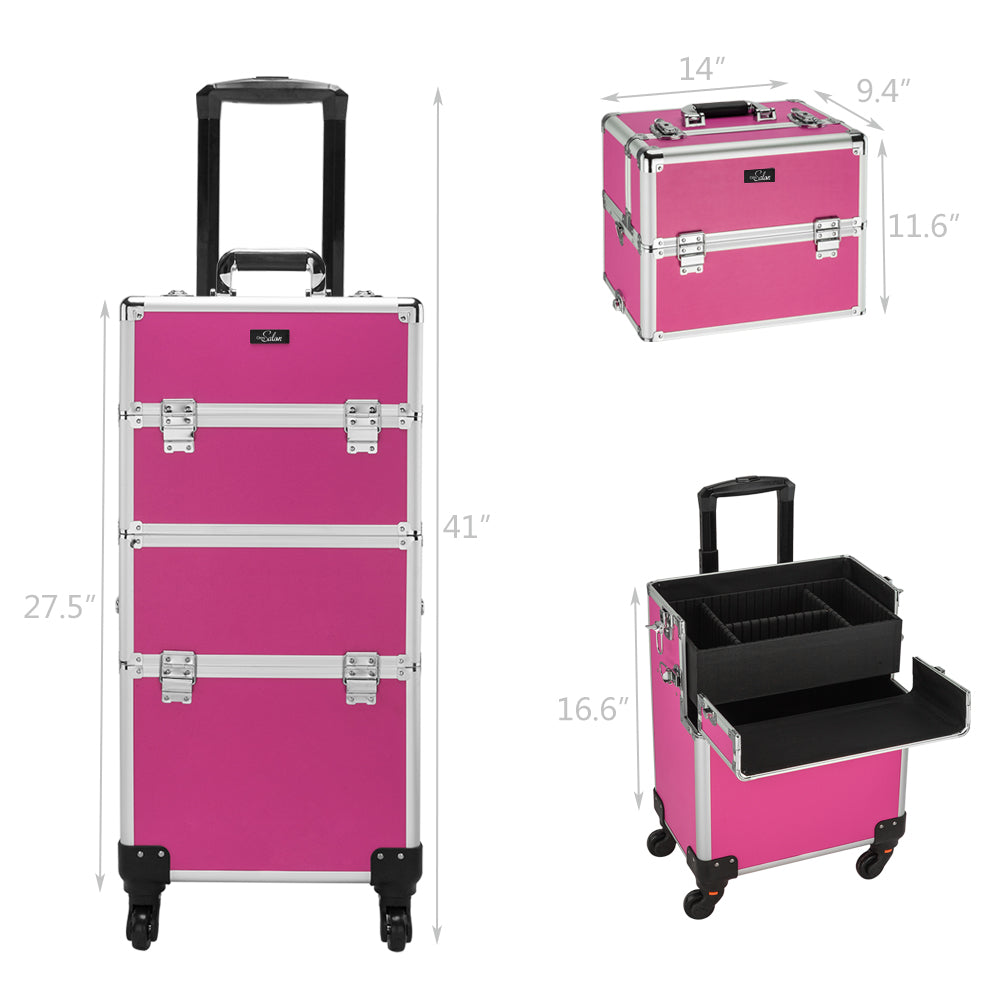 Omysalon Aluminum 2-in-1 Rolling Makeup Train Organizer Lockable Cosmetic Case Rose-Pink