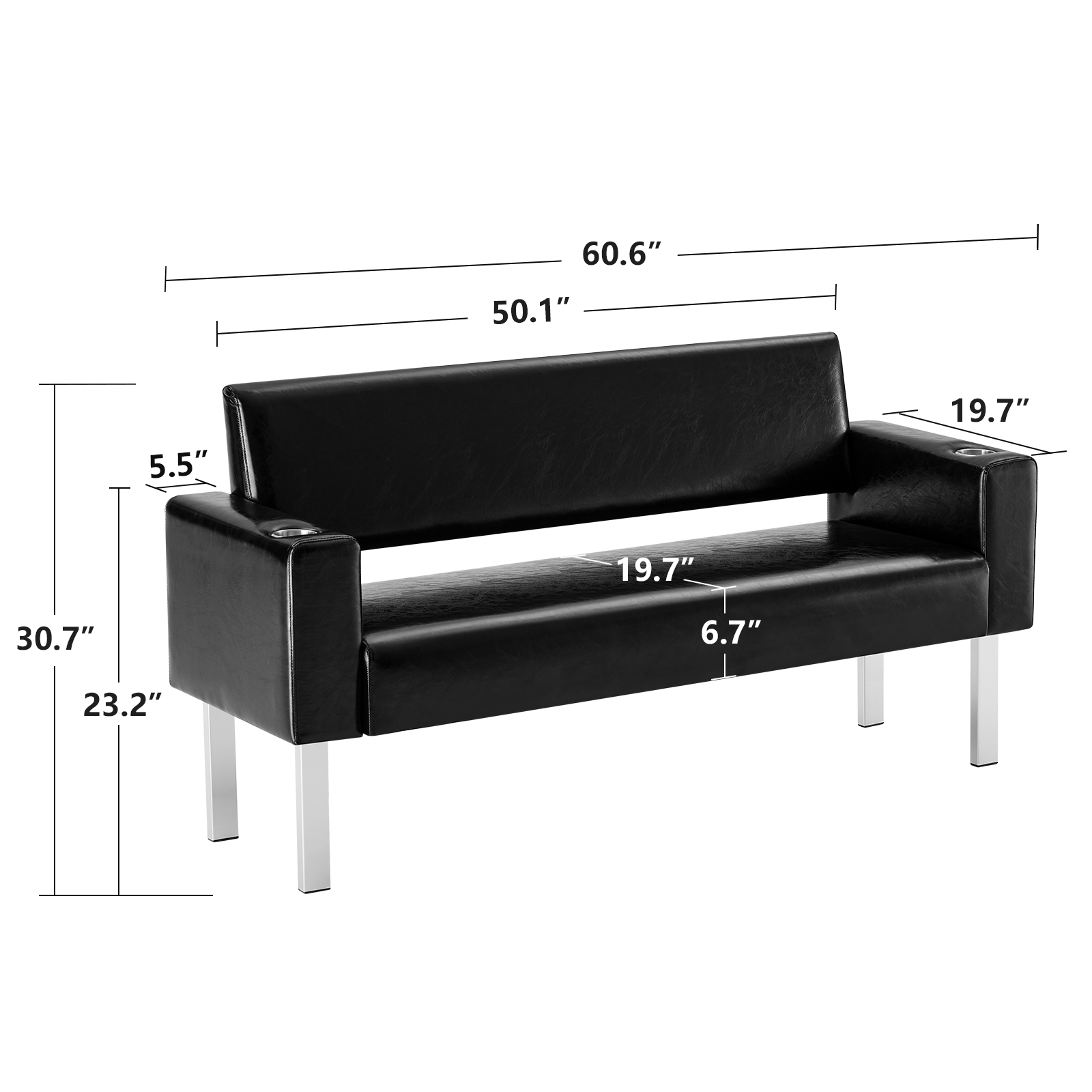 OmySalon Waiting Room Bench Reception Bench with 2 Cup Holders Black