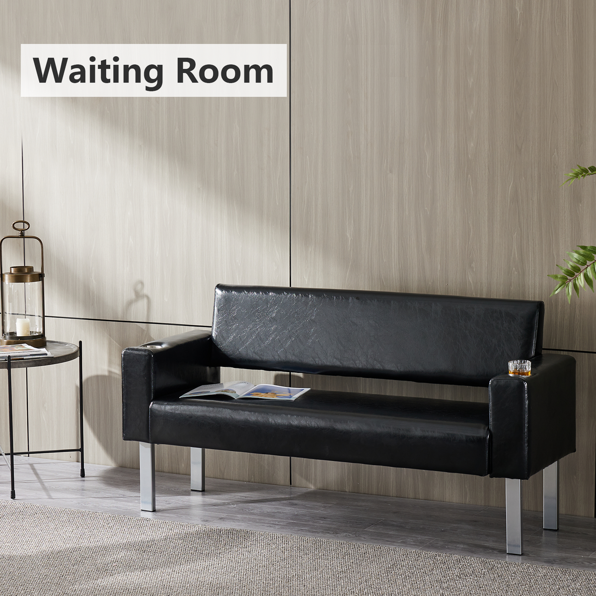 OmySalon Waiting Room Bench Reception Bench with 2 Cup Holders Black