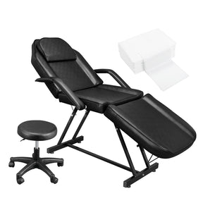 OmySalon 73in Facial Massage Bed with Adjustable Hydraulic Stool Tattoo Chair w/25 Pcs Disposable Sheets Black