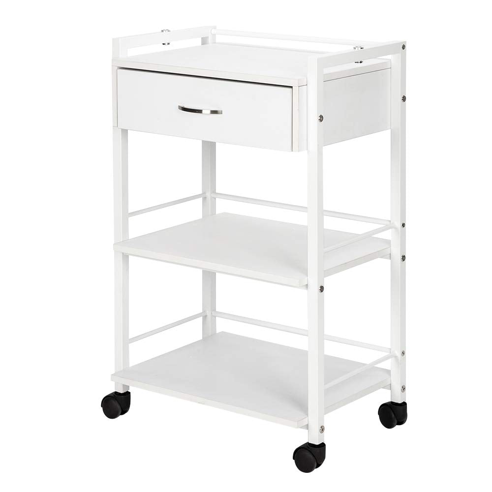 OmySalon Wooden Rolling Utility Cart Trolley with Drawer White