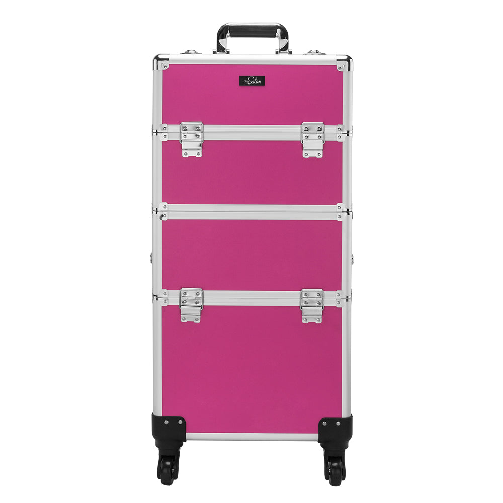 Omysalon Aluminum 2-in-1 Rolling Makeup Train Organizer Lockable Cosmetic Case Rose-Pink