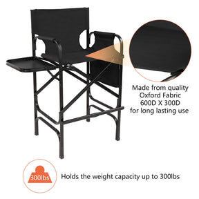 Omysalon 30in Folding Directors Chair 300 lbs with Collapsible Side Table Black