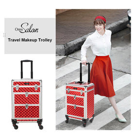 Omysalon Aluminum Train Makeup Case 360-Degree Casters & 2 Sliding Drawers with Diamond Textures Red/Black