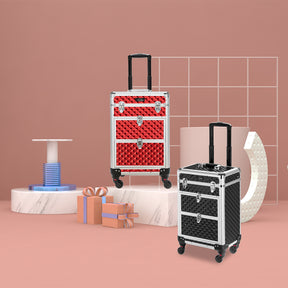 Omysalon Aluminum Train Makeup Case 360-Degree Casters & 2 Sliding Drawers with Diamond Textures Red/Black