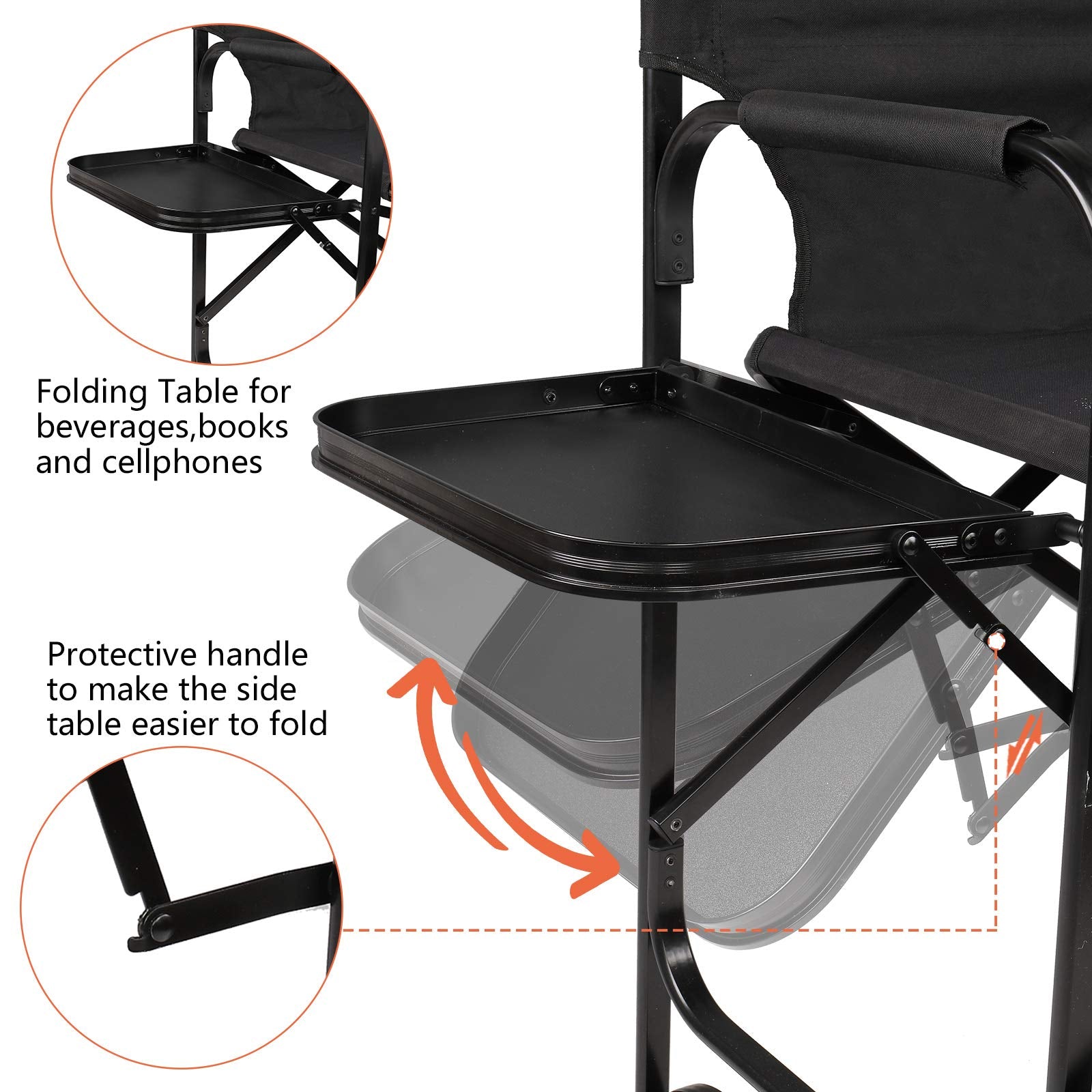 Omysalon 30in Folding Directors Chair 300 lbs with Collapsible Side Table Black