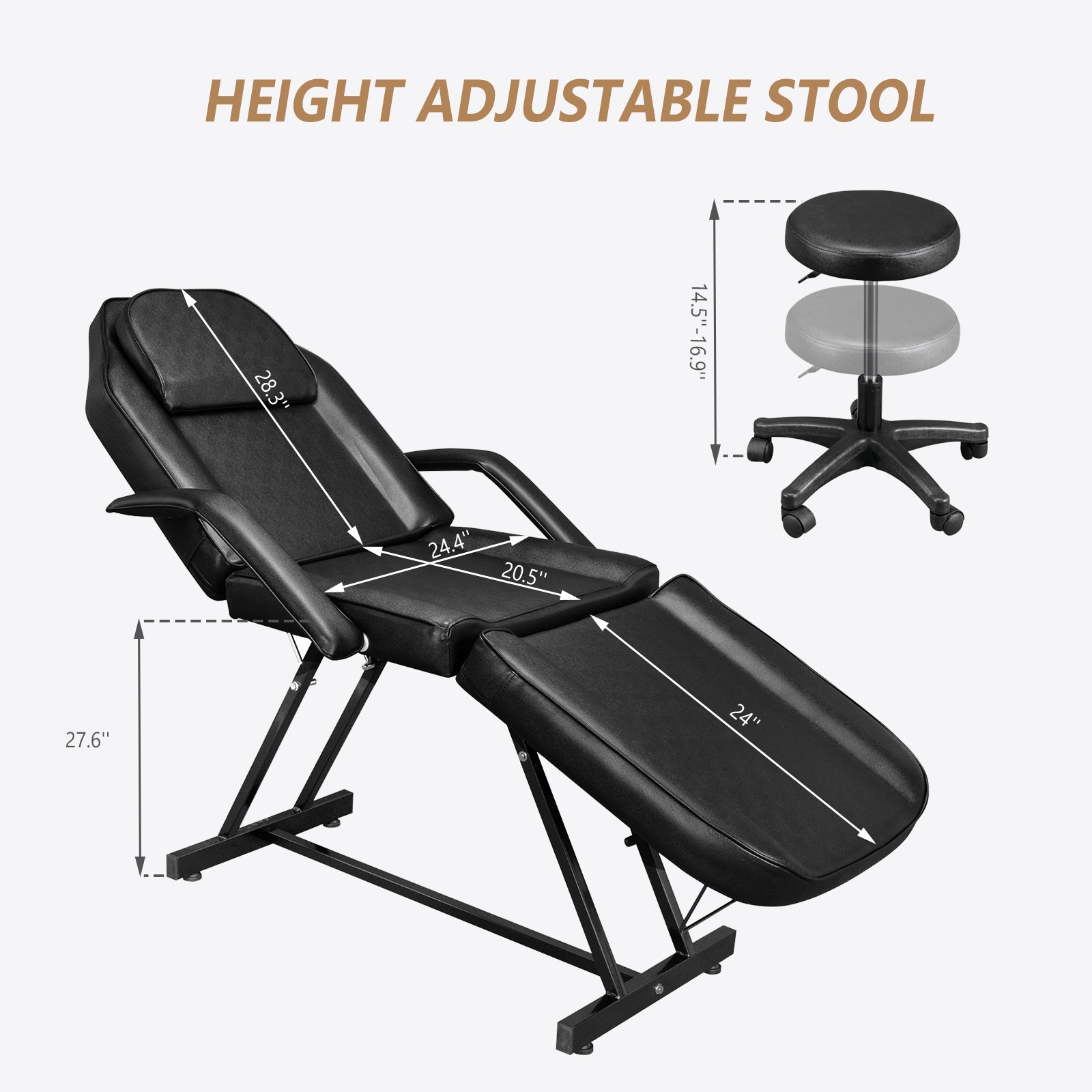 OmySalon 73in Facial Massage Bed with Adjustable Hydraulic Stool Tattoo Chair w/25 Pcs Disposable Sheets Black