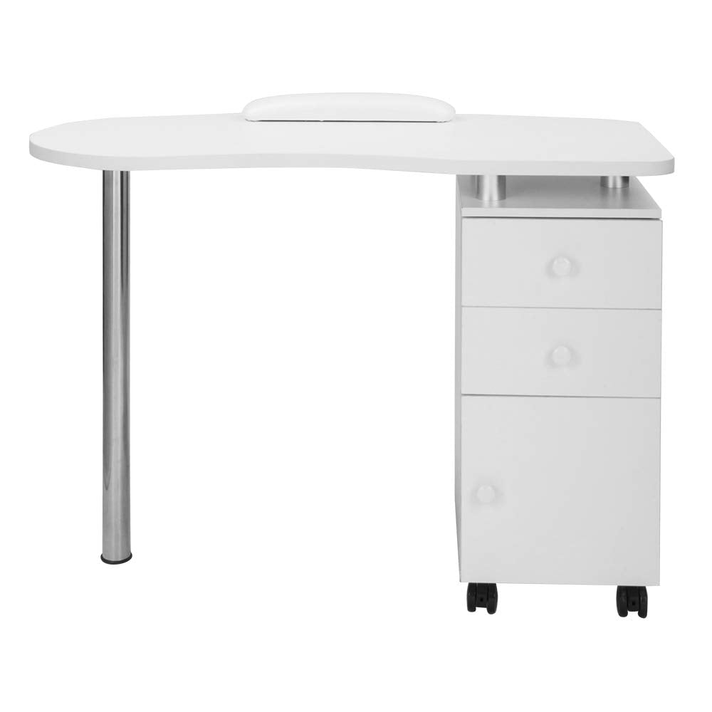 OmySalon Single Stainless Steel Leg Nail Manicure Table w/Round Corner Tabletop & Wrist Rest & 2 Drawers 1 Cabinet on Wheels