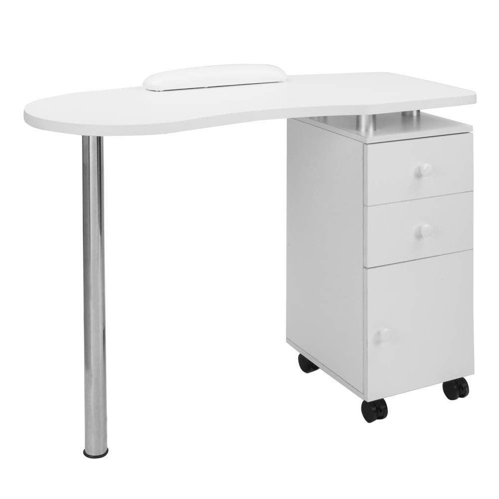 OmySalon Single Stainless Steel Leg Nail Manicure Table w/Round Corner Tabletop & Wrist Rest & 2 Drawers 1 Cabinet on Wheels