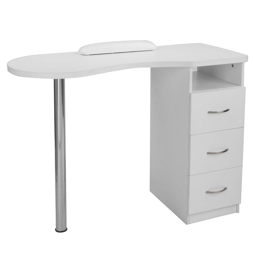 OmySalon Manicure Table with Drawers Wooden Nail Desk White with Arm Rest Cushion White