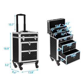 Omysalon Aluminum Train Makeup Case 360-Degree Casters & 2 Sliding Drawers with Diamond Textures Red/Black