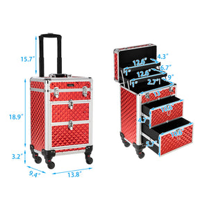 Omysalon Aluminum Train Makeup Case 360-Degree Casters & 2 Sliding Drawers with Diamond Textures Red/Black