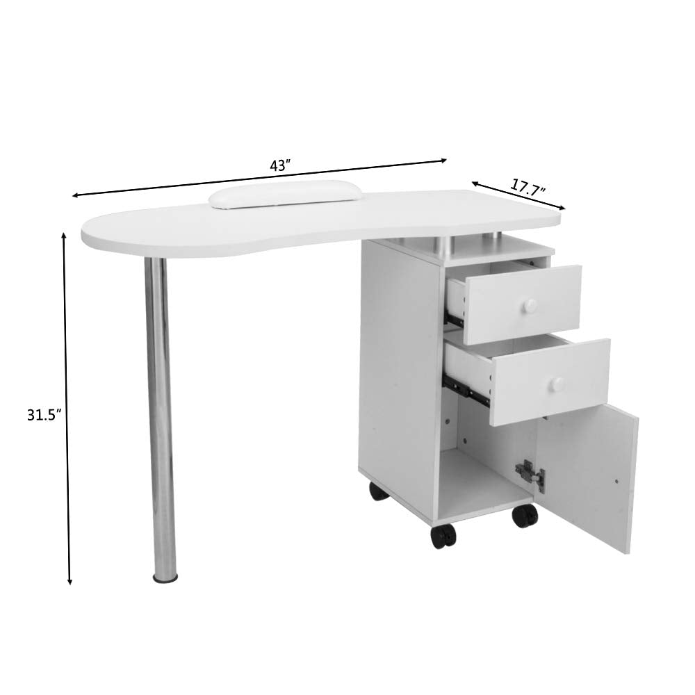 OmySalon Single Stainless Steel Leg Nail Manicure Table w/Round Corner Tabletop & Wrist Rest & 2 Drawers 1 Cabinet on Wheels