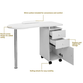 OmySalon Single Stainless Steel Leg Nail Manicure Table w/Round Corner Tabletop & Wrist Rest & 2 Drawers 1 Cabinet on Wheels