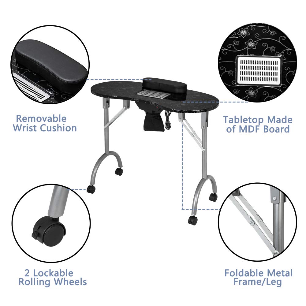 OmySalon Portable Manicure Table Foldable Nail Desk White/Black