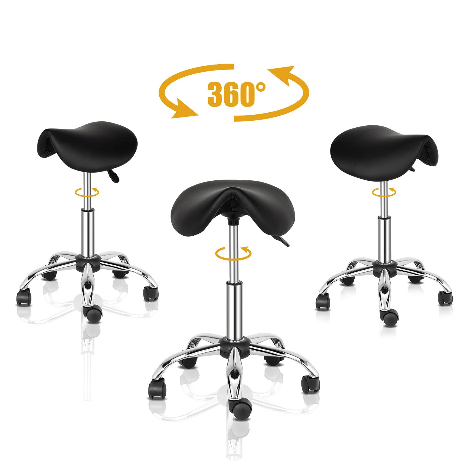 OmySalon Rolling Saddle Stool Swivel Adjustable Rolling Stool with Wheels Black