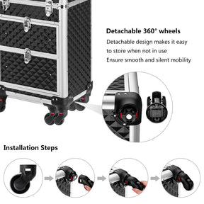 Omysalon Aluminum Train Makeup Case 360-Degree Casters & 2 Sliding Drawers with Diamond Textures Red/Black