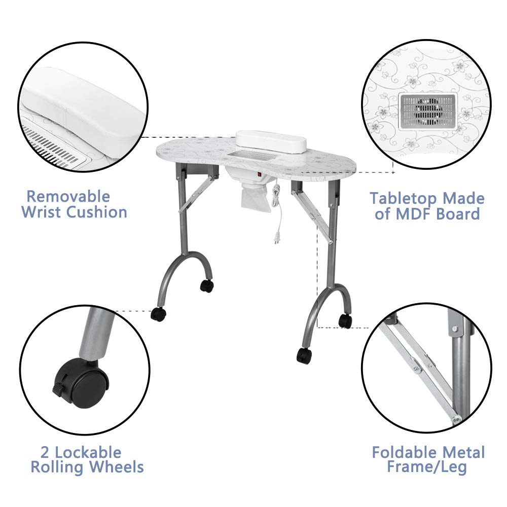 OmySalon Portable Manicure Table Foldable Nail Desk White/Black