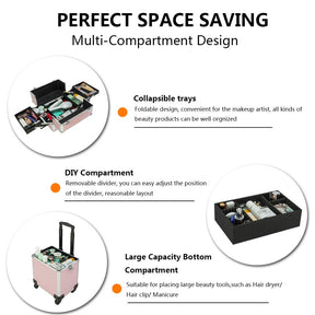 Omysalon MCA401 4-in-1 Aluminum Lockable Rolling Makeup Cosmetic Organizer Train Case