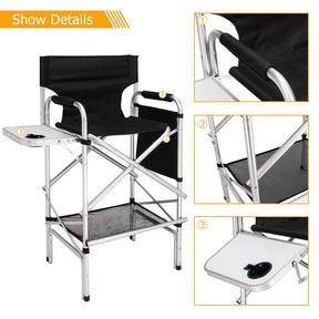 Omysalon 31in Tall Directors Chair Portable Foldable Makeup Artist Chair with Side Table Storage Bag Black