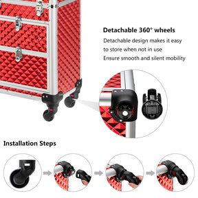 Omysalon Aluminum Train Makeup Case 360-Degree Casters & 2 Sliding Drawers with Diamond Textures Red/Black