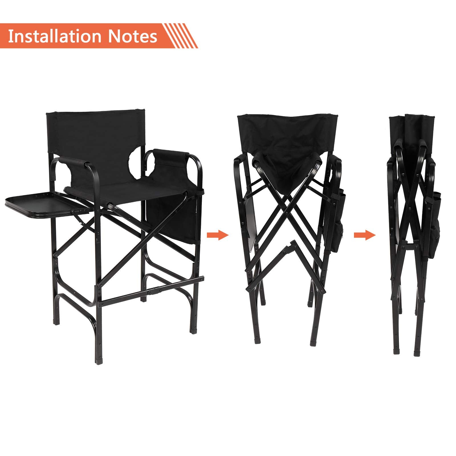 Omysalon 30in Folding Directors Chair 300 lbs with Collapsible Side Table Black