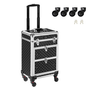 Omysalon Aluminum Train Makeup Case 360-Degree Casters & 2 Sliding Drawers with Diamond Textures Red/Black