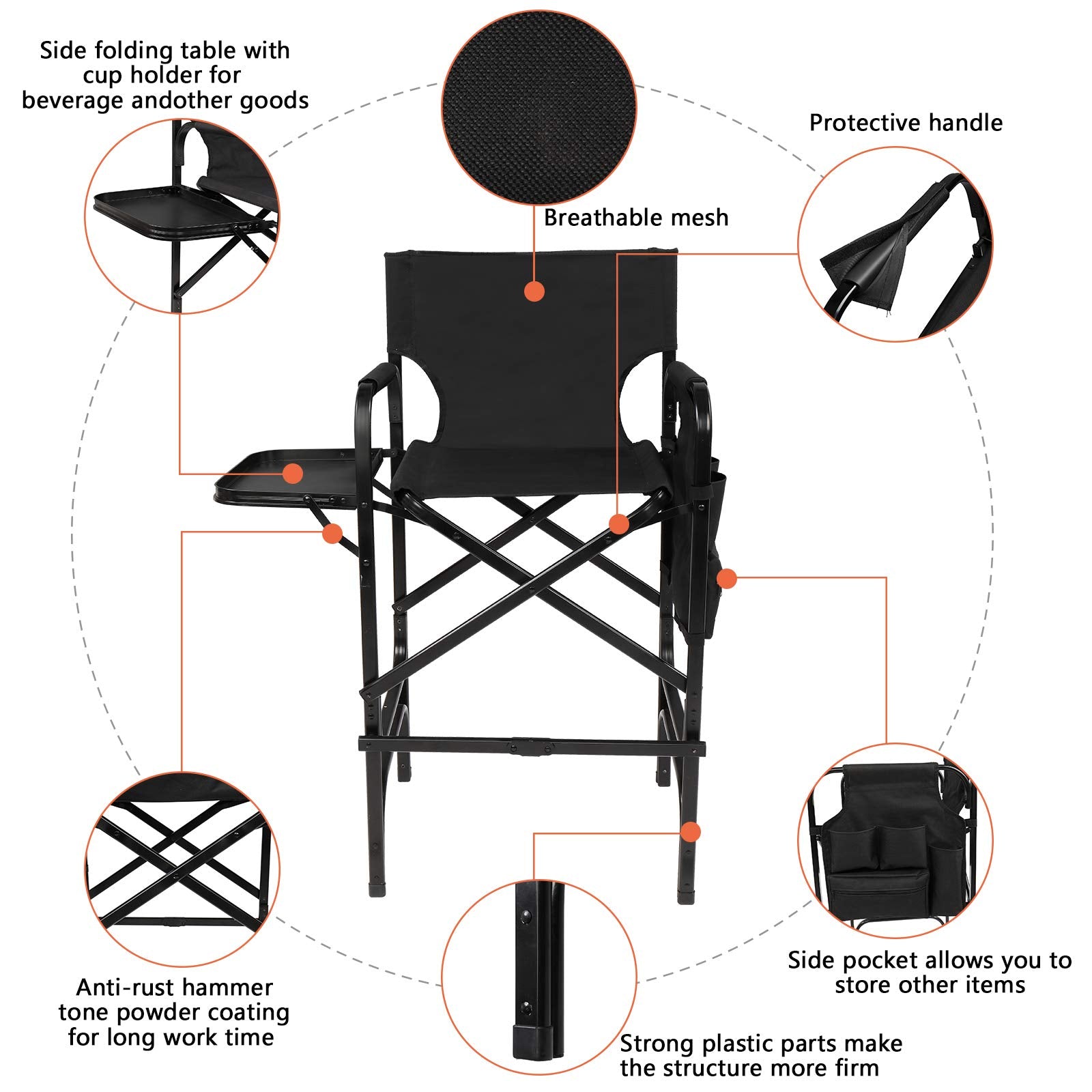 Omysalon 30in Folding Directors Chair 300 lbs with Collapsible Side Table Black