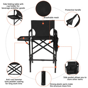 Omysalon 30in Folding Directors Chair 300 lbs with Collapsible Side Table Black