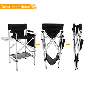 Omysalon 31in Tall Directors Chair Portable Foldable Makeup Artist Chair with Side Table Storage Bag Black