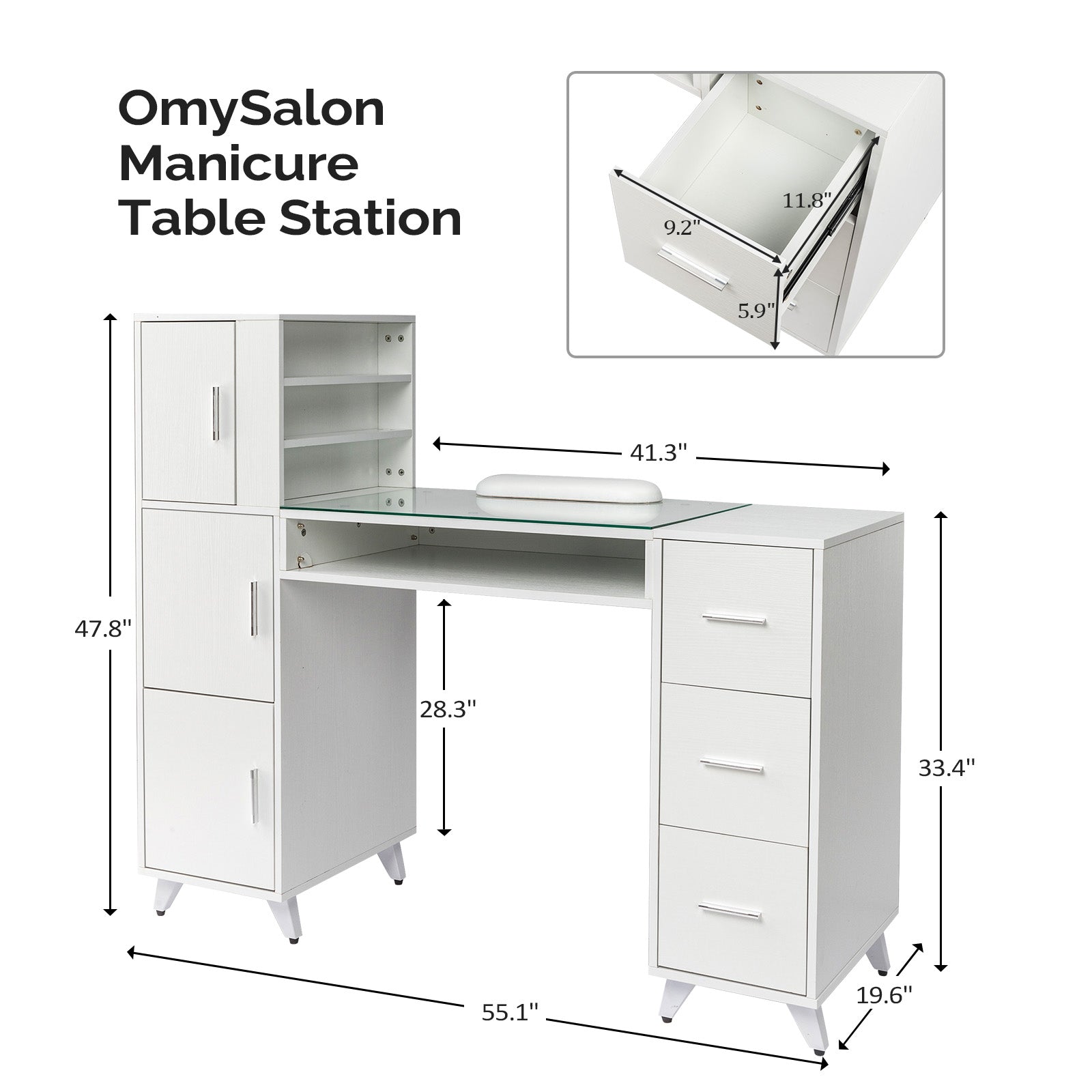 Omysalon Nail Manicure Table w/Glass Top & Wrist Rest